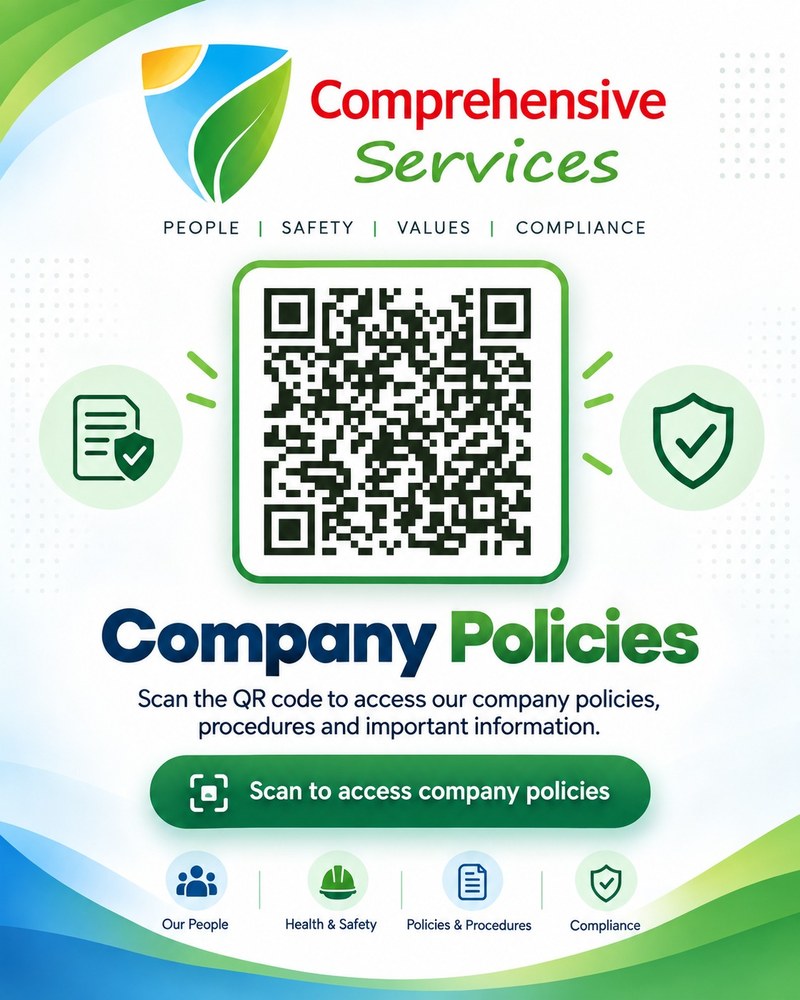 Comprehensive Services Company Policies poster with a QR code.