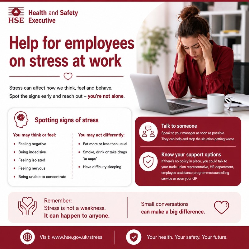 Health and Safety Executive poster: Help for employees on stress at work. This poster has no QR code.