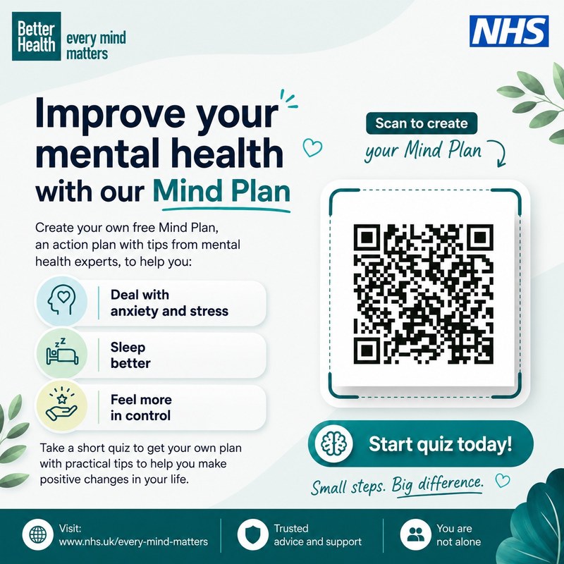 NHS Better Health Every Mind Matters poster: Improve your mental health with our Mind Plan, with a QR code.