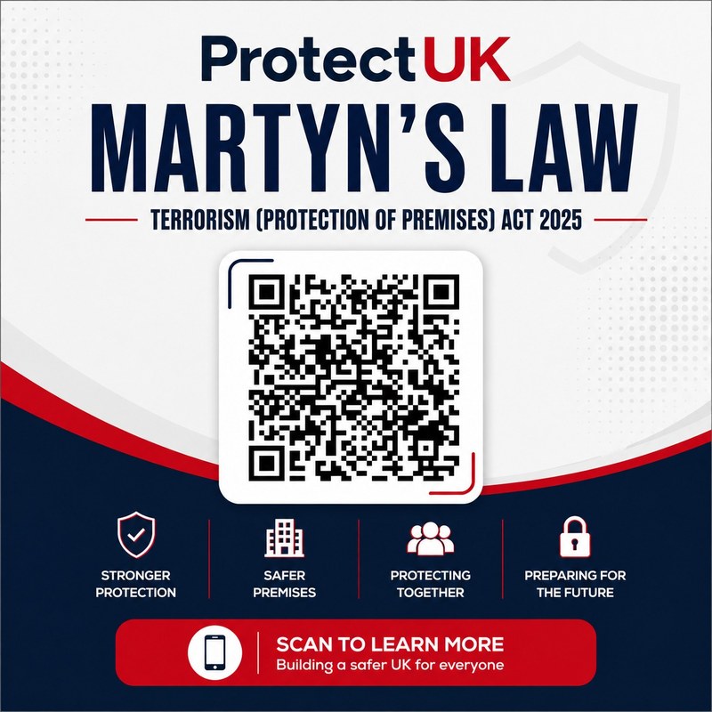 ProtectUK Martyn’s Law poster about the Terrorism (Protection of Premises) Act 2025, with a QR code.