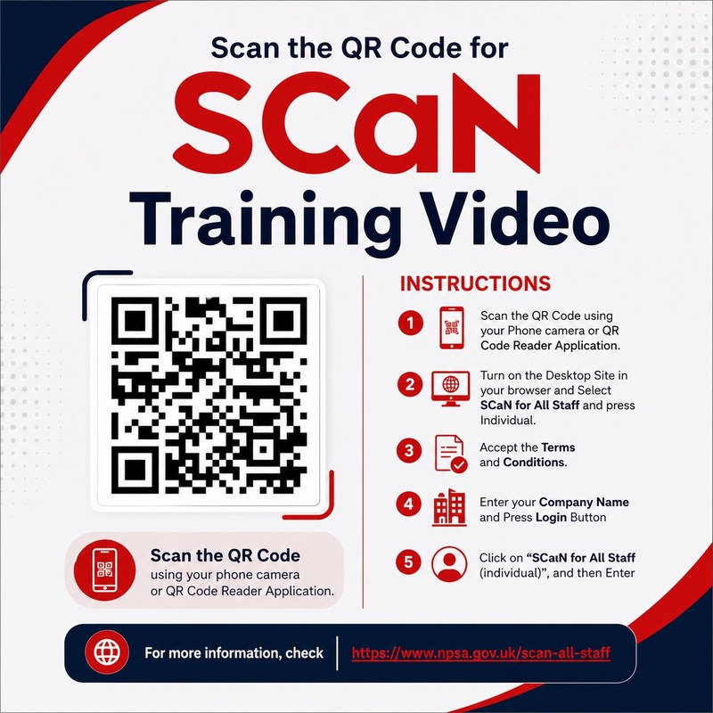 SCaN Training Video poster with a QR code and five numbered instructions.