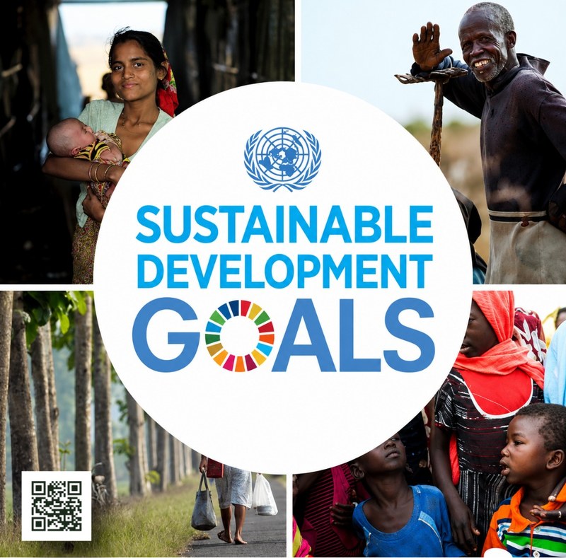 United Nations Sustainable Development Goals poster with photographs of people and a small QR code.